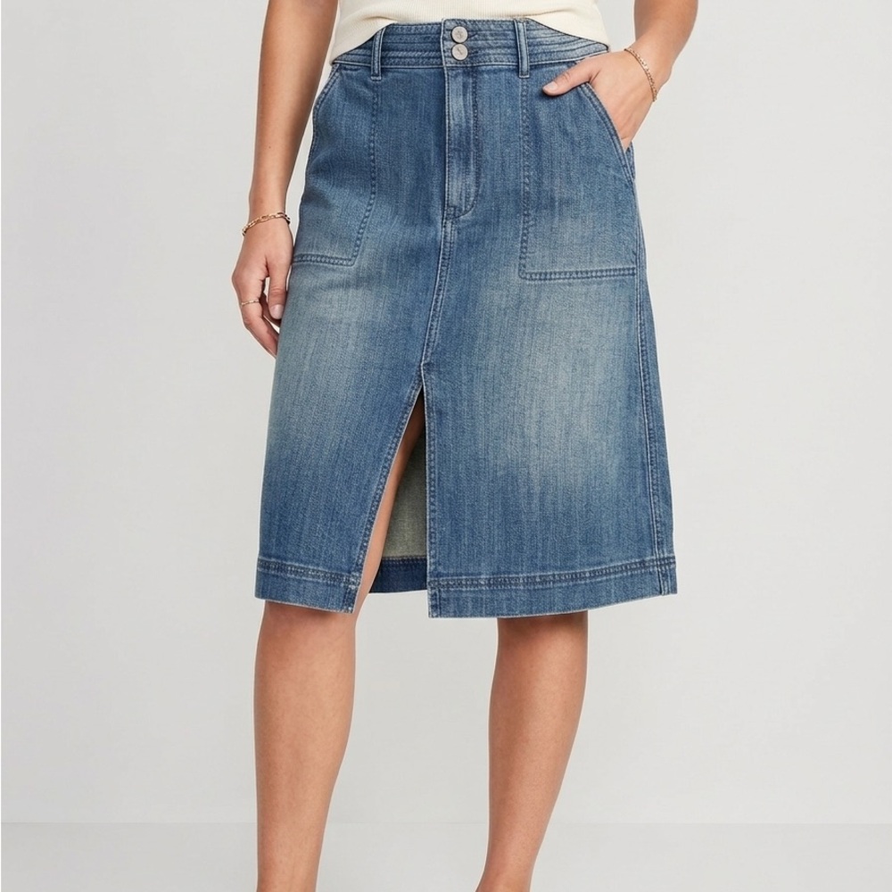 Boho Pilcro Anthropologie Medium Wash Denim Midi Skirt Size 8